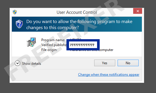 Screenshot where ?????????????? appears as the verified publisher in the UAC dialog